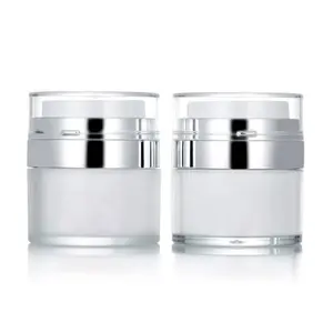 Luxe Cosmetische Verpakking 15G 30G 50G 100G Ronde Dubbelwandige Witte Doorzichtige Plastic Acrylcrème Pot Met Drukpomp