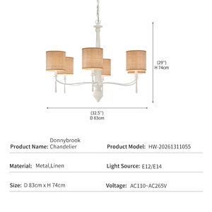 Lustre vintage style campagne française, métal blanc, abat-jour en lin naturel, LED 6 lumières, style rustique, corde, Donnybrook - Product Image 4