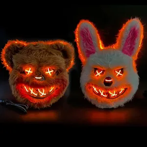 Topeng pesta kostum karnaval menakutkan, topeng Halloween kelinci beruang dengan lampu