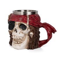 Mug en résine 3D Crâne de pirate 300 ml personnalisé en gros avec mug à bière créatif en acier inoxydable pour cadeaux fantaisie et décoration d'Halloween