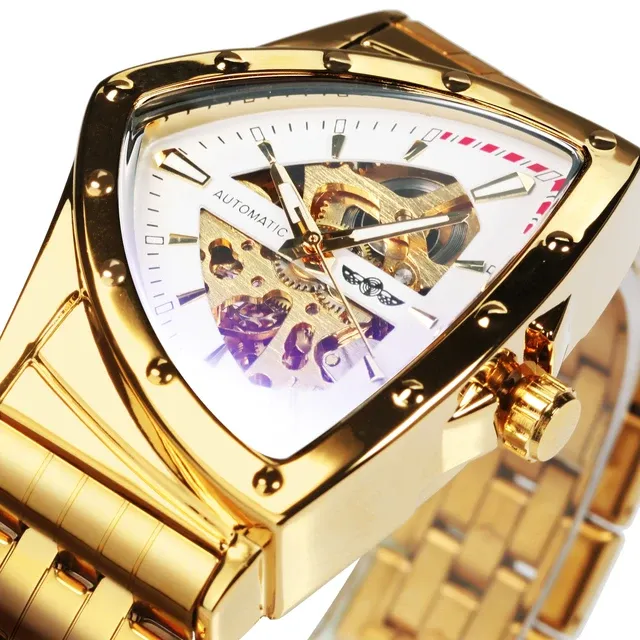 WINNER 526  Automatic Mechanical Wristwatch Triangle Shape Irregular Luxury Skeleton Watch for Men Stainless Steel