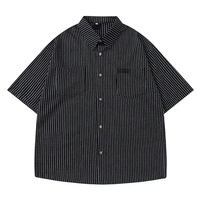 Kemeja Pria Ramah Lingkungan Poliester/Katun Bergaris Vertikal Lengan Panjang Model Longgar Kancing Depan Kasual Streetwear Dua Saku Pribadi