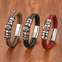 Bracelet tressé en cuir double avec fermoir magnétique en acier inoxydable et crâne en métal, en cuir véritable, pour homme - Collection Factory Outlet