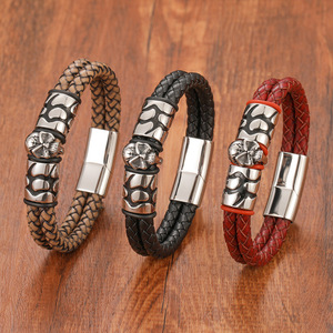 Factory Outlet Double Leather Rope Woven <b>Bracelet</b> Stainless Steel Magnetic Clasp Genuine Leather Metal Skull for Mens <b>Bracelet</b> - Product Image 1