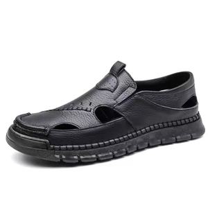 Sandalias de Hombre de Cuero Genuino, Casuales, con Diseño Calado, Antideslizantes, de Suela Gruesa, para Exteriores, Negocios, Estilo Papá - Product Image 1