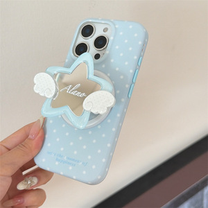 เคสโทรศัพท์แบบมีขาตั้งแม่เหล็ก ลายจุดสีฟ้า ผิวกระจก สไตล์เกาหลี สำหรับ iPhone17ProMax/16/15 - Product Image 2
