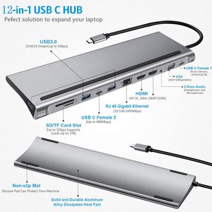 Hub USB C 12 <span class=keywords><strong>en</strong></span> 1, PD 87W, 4K HD, Gigabit Ethernet, lecteur de <span class=keywords><strong>carte</strong></span> SD/TF, VGA, audio 3,5 mm, USB 3.0, type C, pour ordinateur portable, voiture, bureau, maison - Product Image 1