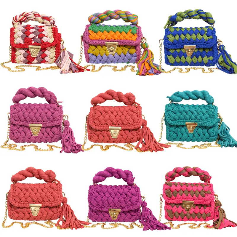 ns Trendy Stylish Fall Ladies Luxury Crossbody Bag Colorful Color Block Handmade Crochet Women Purse Handbag 2024