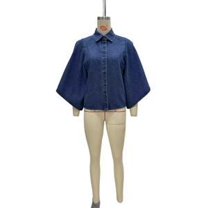 Camicette a Maniche Lunghe da <span class=keywords><strong>Donna</strong></span> in Stile Vintage OEM/ODM, Nuova Moda in Denim, Top Casual Femminili Semplici per l'Autunno, Tinta Unita - Product Image 5