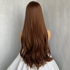Perruque synthétique longue ondulée brune de haute qualité <span class=keywords><strong>avec</strong></span> <span class=keywords><strong>frange</strong></span> pour femmes, résistante à la chaleur, <span class=keywords><strong>avec</strong></span> ligne de <span class=keywords><strong>cheveux</strong></span> naturelle - Product Image 4