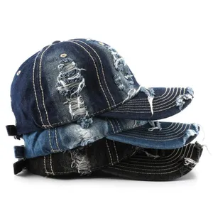 2024 New Design Vintage Washed Cotton Distressed Denim Sports Hat 6 Panel Curved Brim Logo Customized Blank Baseball Cap