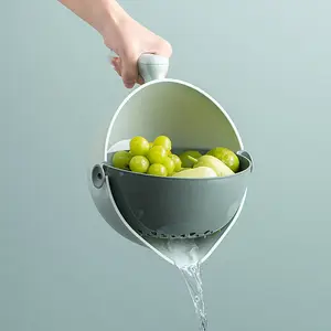 2 In 1 çift katmanlı temizlik sebze meyve yıkama mutfak kevgir plastik drenaj sepet süzgeç saplı kase