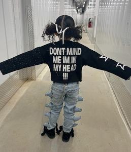 Pantalones y pantalones de mezclilla recortados con estampado <span class=keywords><strong>vintage</strong></span> personalizado para niñas, conjuntos de ropa de punto informales con cuello redondo y manga larga con diamantes de imitación - Product Image 2