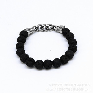 Yunnique – Bracelet en pierre volcanique perlée pour hommes, tête de loup, chaîne en acier inoxydable de 10mm, bijoux cadeau - Product Image 3
