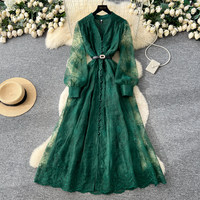 Robe élégante verte en dentelle à col en V, manches longues bouffantes, coupe trapèze, décontractée, avec ceinture, pour femme, pour les fêtes et le quotidien