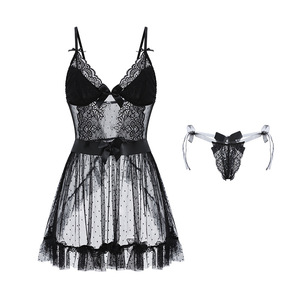 Sexy <b>Perspective</b> Mesh Polka Dot Mesh Pajamas Set New Hot Erotic Sleeveless Women's Night Dress With Thong Set - Product Image 6