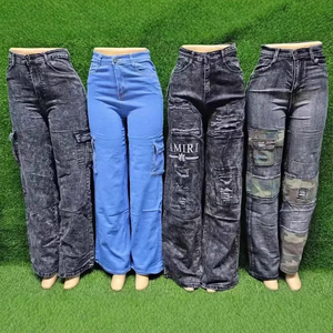 Jeans da <span class=keywords><strong>Donna</strong></span> a Vita Alta con Tasche <span class=keywords><strong>Cargo</strong></span>, Pantaloni in Denim a Gamba Larga Effetto Vissuto, Casual Streetwear per Uso Quotidiano e Weekend - Product Image 1