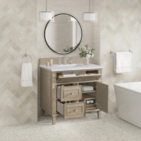 Meuble-lavabo de salle de bain en chêne blanc délavé de style classique personnalisé, armoire en bois massif avec plan de travail en quartz, lavabo en céramique simple de 36 pouces