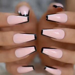 Dài Quan Tài Đen Biên Giới Pháp Phong Cách Nail Giả Mẹo Full Bìa Thiết Kế Nail Art Cho Đảng Với Vòi 24 Cái