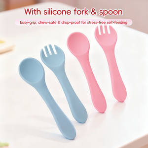 BPA Free Silicone Baby <b>Dinnerware</b> <b>Set</b> <b>6</b> Pieces Cartoon Pattern Toddler Self Eating Kit with Bib and Pouch - Product Image 1
