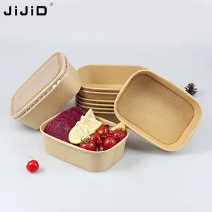 JiJiD牛皮纸食品容器友好纸盒矩形纸方形沙拉碗制造商带盖纸沙拉碗