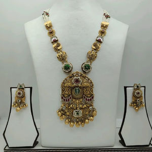 Traditional <b>Indian</b> Temple Gold <b>Necklace</b> <b>Set</b> with Pendant and Matching Earrings Bridal Heritage Jewelry - Product Image 1