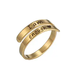 Nieuwe Hete Roestvrijstalen Ring Sieraden Ik Ben Genoeg Gegraveerde Spiraal Wrap Gedraaide Verstelbare Letters Inspiratie Ring