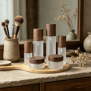 Ensemble de flacons et pots cosmétiques en verre givré Eco-Luxury 30ml 50ml 100ml 120ml avec couvercle en bambou naturel foncé - Product Image 4