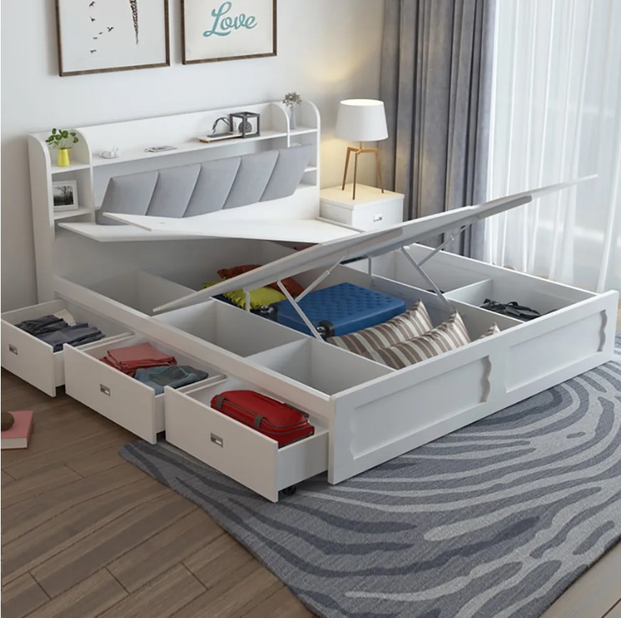 Modern 3 drawers white storage bed low profile queen bed