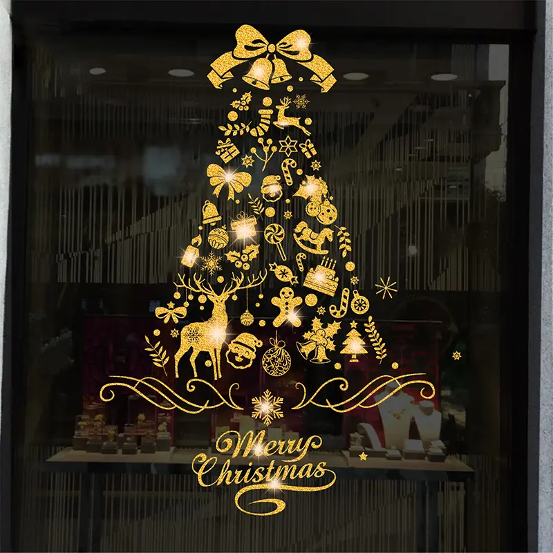 Glitter Gold Tree Elk Reindeer Window Sticker Xmas Santa Claus Cling PVC Merry Christmas Glass Decals For Holiday Decorations