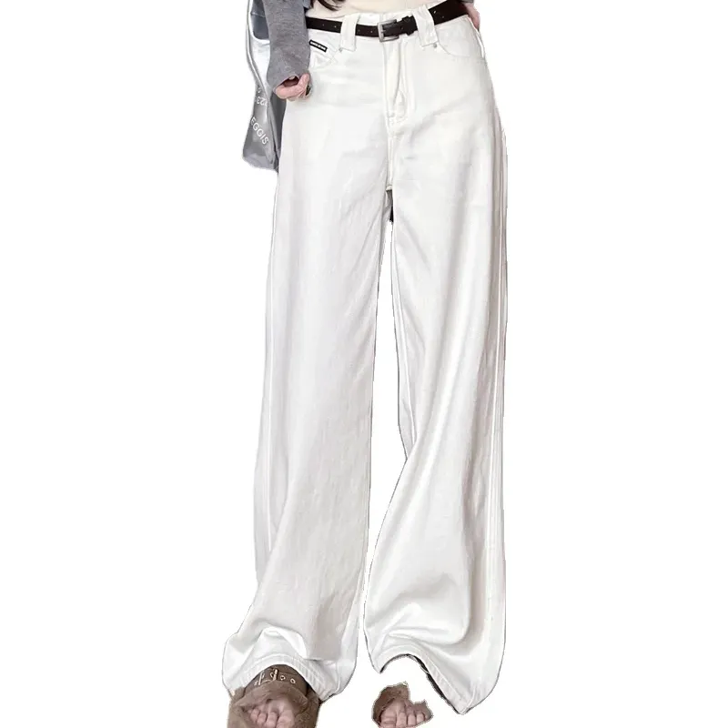 Pantalones de mezclilla blancos de pierna recta, pantalones de trapeador de pierna ancha de versión estrecha de cintura alta para mujer, pantalones vaqueros de color liso de moda