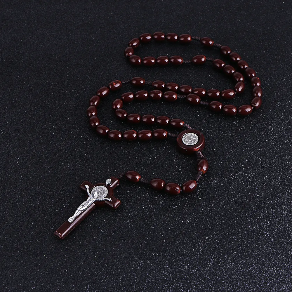 KOMI Vintage Religious Beads Unisex Long Strand Necklaces Jesus Cross Pendant Catholic Wooden Rosary Necklace