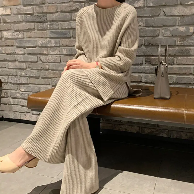 2022 Autumn Winter Fashion Women New Arrival Crew neck long sleeve top with slim fit long pants twin set