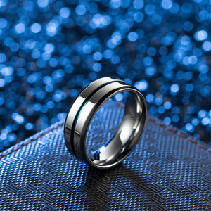 Unisex Wedding <b>Ring</b> 8MM Blue Inlay Geometric Design Simple Matte Finish For <b>Men</b> And Women - Product Image 2