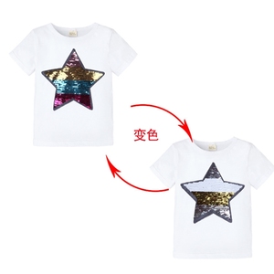 Enfants été nouveau 2024 Sequin Flip couleur changement visage dessin animé coton T-<span class=keywords><strong>shirt</strong></span> pour garçons et filles mode ventilateur Base chemise - Product Image 3
