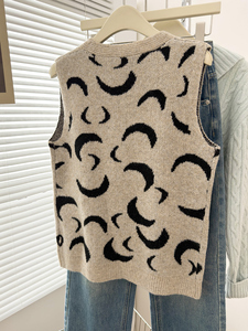Chaleco de punto sin mangas con cuello en V y botones para mujer, estampado curvo, suelto, para otoño e invierno, ropa exterior para superponer, venta al por mayor - Product Image 4