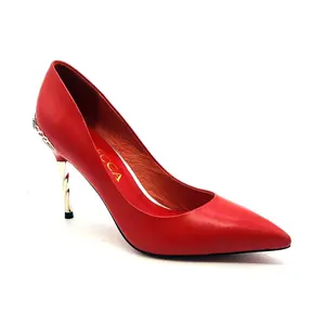 Lápis das mulheres da forma saltos altos bombas 12cm vermelho sapatos para senhoras com strass metal