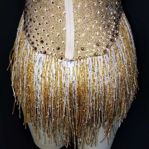 Costume da Esibizione Latina con Strass e Frange Dorate per <span class=keywords><strong>Cantante</strong></span> e DJ Femminile, in Poliestere/Rayon - Product Image 5