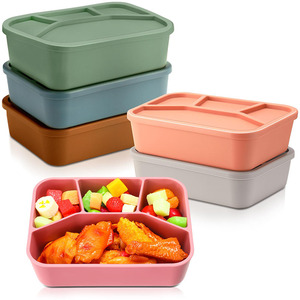 Boîtes à aliments rectangulaires étanches lisses Boîte à bento en silicone Conteneur à déjeuner réutilisable Boîtes à collation à 4 compartiments avec couvercle - Product Image 1