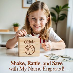 Hucha Cuadrada de Madera, Color Natural, Diseño de Fútbol Grabado, Nombre Personalizado Oliver, Caja de Ahorros para Niños de 5 a 7 Años - Product Image 3