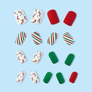 Presse de Noël sur les ongles Ongles de cercueil moyen Mat Rouge Vert Colle sur les ongles Candy Cane Press on Full Cover Stripe Faux ongles - Product Image 5