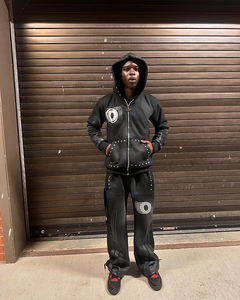 Tùy Chỉnh Quá Khổ Zip-up Hoodie Quần Set Cho Nam Giới Axit Rửa Sạch Bộ Đồ Thể Thao Với Rhinestone Cắt Quần Áo Mùa Đông - Product Image 4