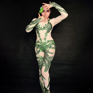NOVANCE Y1438-Grandes tenues de club avec strass vert scintillant et manches longues pour femmes, <span class=keywords><strong>combinaison</strong></span> une pièce pour discothèque - Product Image 1