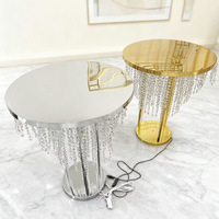 Support de présentation de gâteau de mariage rond avec miroir, perles en cristal or et argent, et éclairage LED pour événements, fêtes et banquets