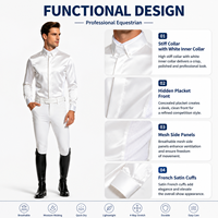 Chemise d'équitation blanche en satin pour homme, col rigide, patte de boutonnage cachée, empiècement en maille, manches longues, légère et respirante