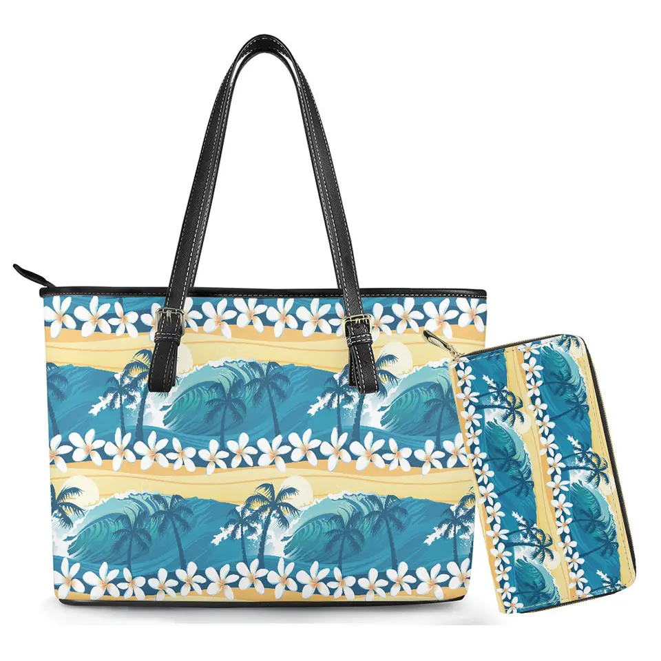 Fashionable Hawaiian Tropical Design Women's Leather Handbag Tote Large Capacity Shoulder Bag Zipper Top Satchel 2pcs Purse Set