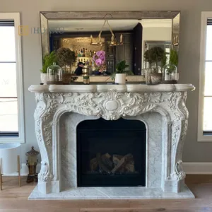 Huaxu Factory Wholesale Modern House Decorative Fire Place Hand Carved Carrara White Marble Fireplace Mantel