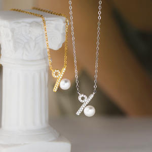 Collar de Plata de Ley S925 para Mujer Wenchi, Cadena de Clavícula con Perlas Sintéticas Curvadas, Estilo Ins, Cadena Geométrica Figaro, Cadena de Caja, China - Product Image 1