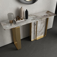 Table console moderne de luxe avec plateau en pierre frittée et structure en métal pour entrée, couloir, salon