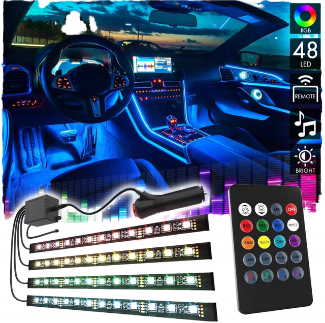 Wireless Smart APP Remote Control Car RGB Interior Decorative USB 48 LED Strip Atmosphere Lights DIY Music Mode Mood Light Kit